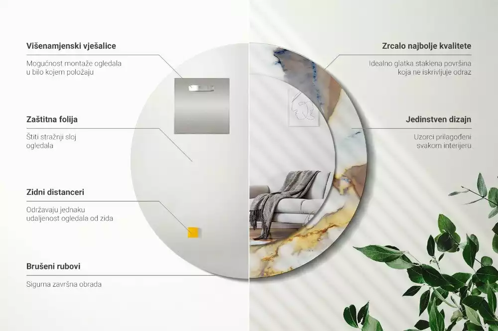 Miroir rond avec décoration Petit marbre blanc