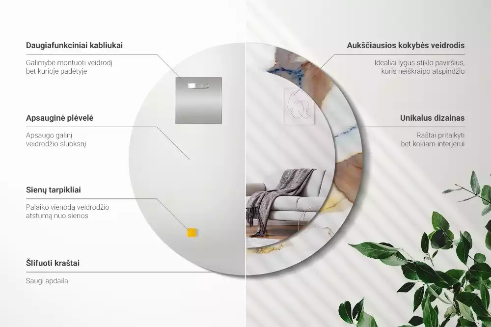 Miroir rond avec décoration Petit marbre blanc