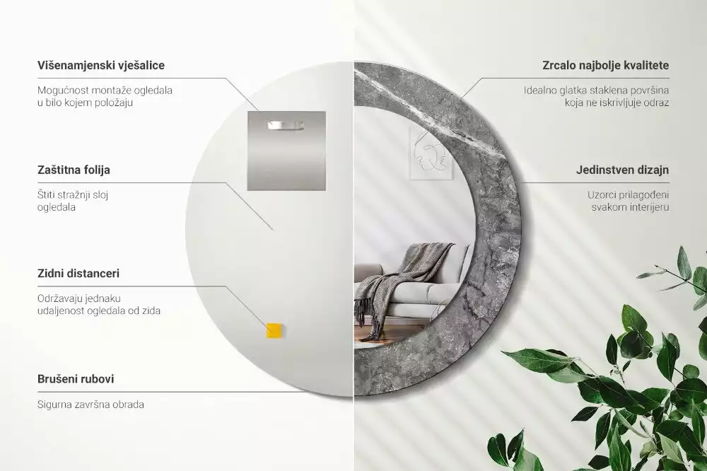 Miroir rond cadre avec impression Marbre rustique