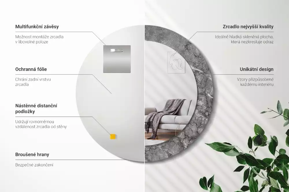 Miroir rond cadre avec impression Marbre rustique