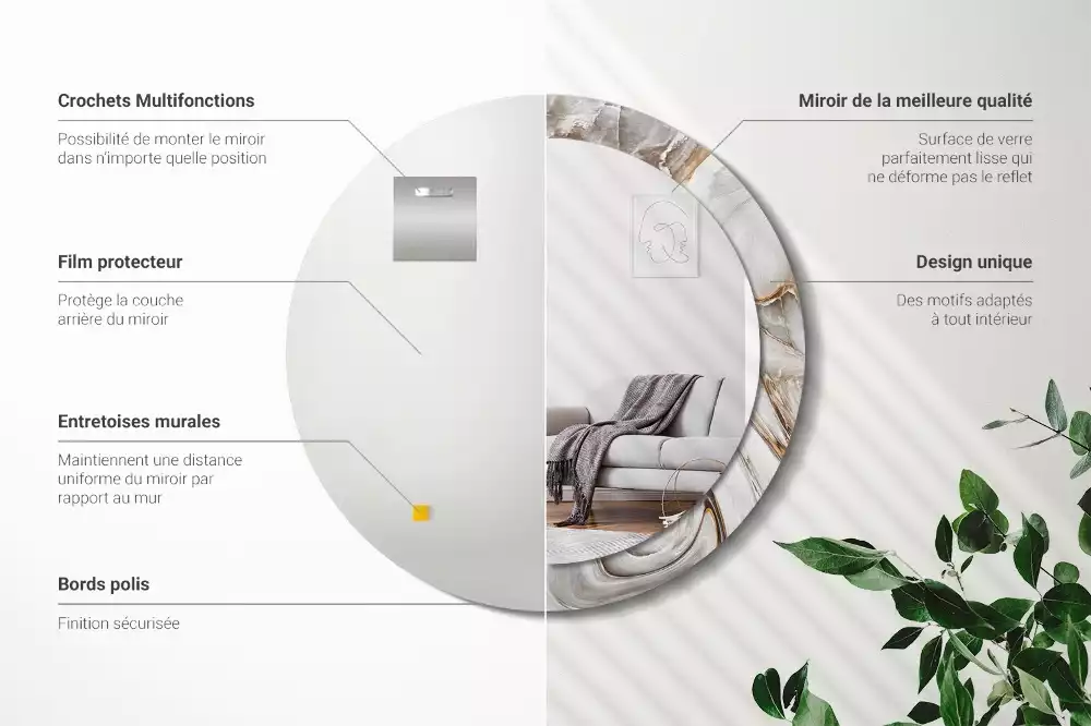 Miroir rond imprimé Marbre clair