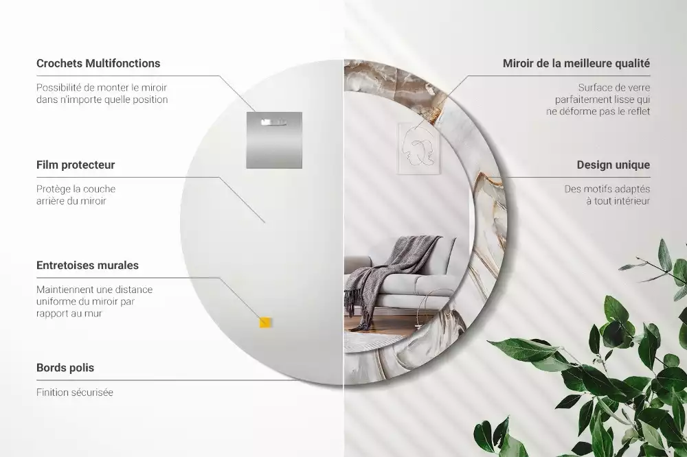 Miroir rond imprimé Marbre clair