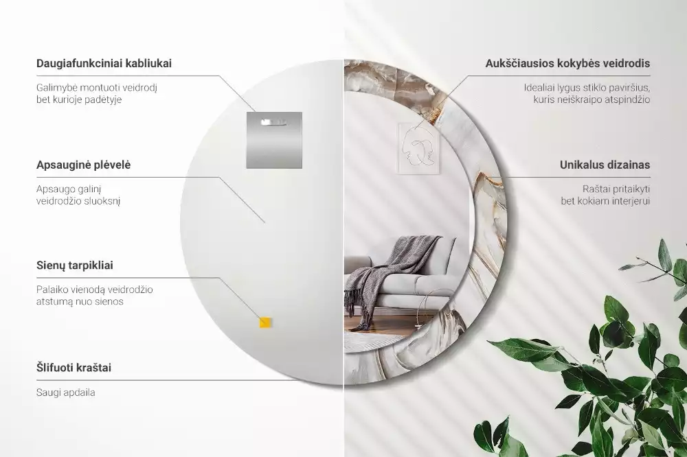 Miroir rond imprimé Marbre clair