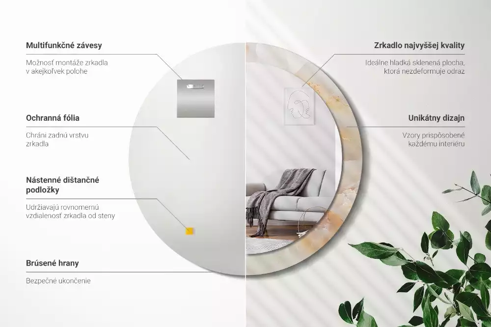 Miroir rond cadre avec impression Onyx marbre