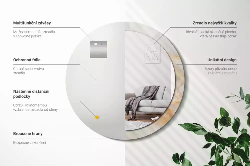 Miroir rond cadre avec impression Onyx marbre