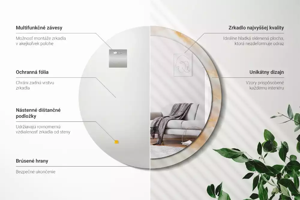 Miroir rond cadre avec impression Onyx marbre