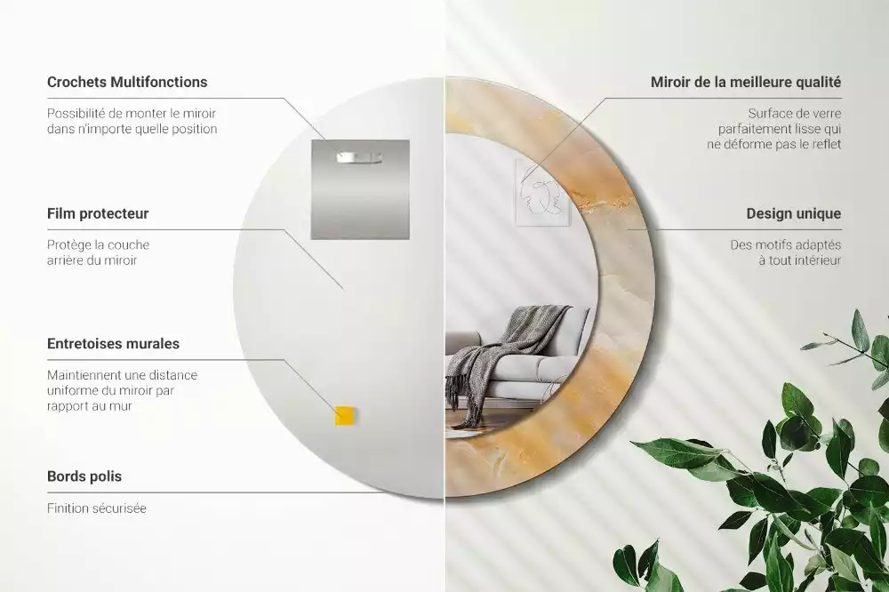 Miroir rond cadre avec impression Onyx marbre