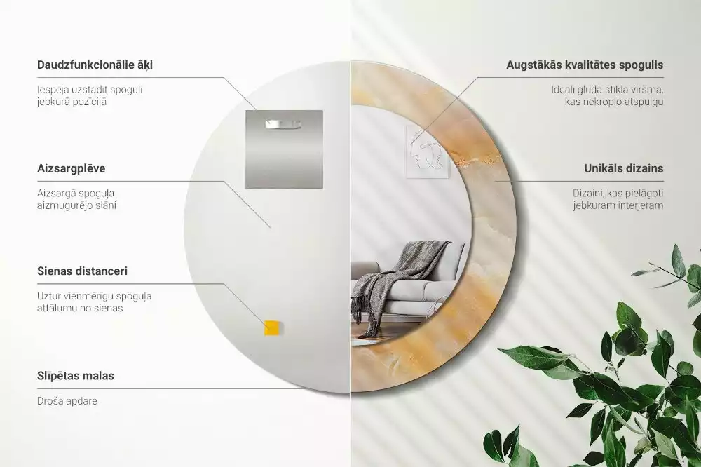 Miroir rond cadre avec impression Onyx marbre