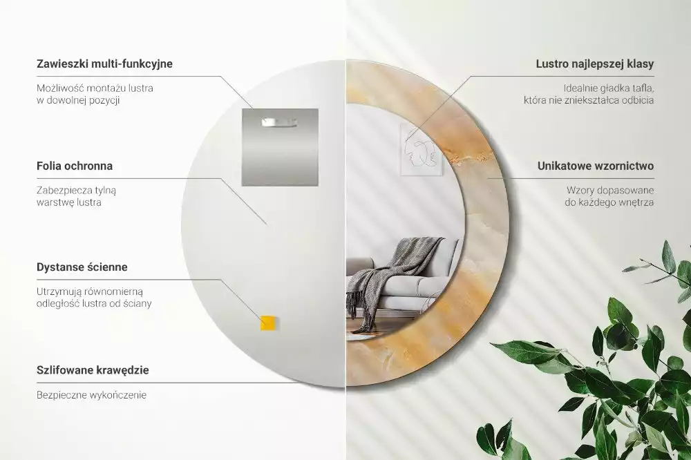 Miroir rond cadre avec impression Onyx marbre