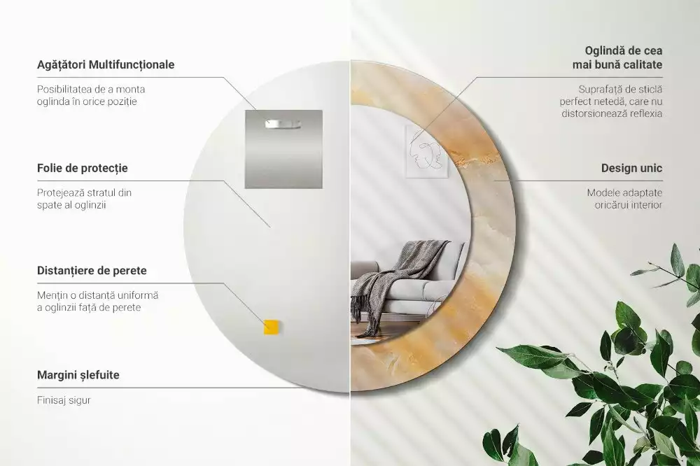 Miroir rond cadre avec impression Onyx marbre