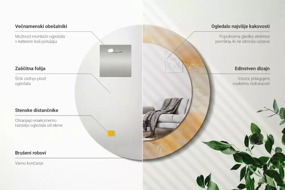 Miroir rond cadre avec impression Onyx marbre