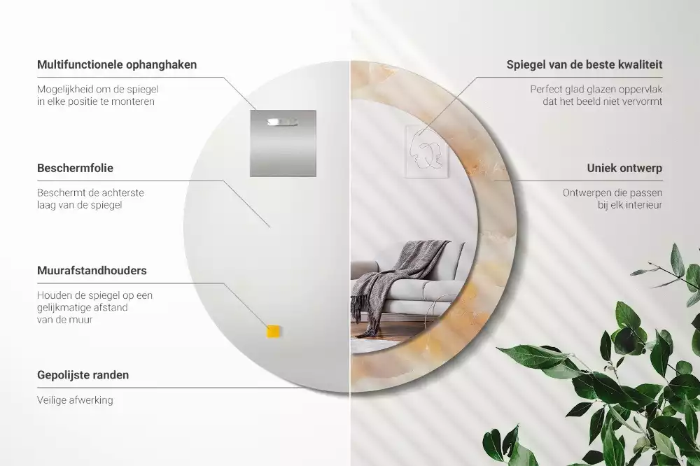 Miroir rond cadre avec impression Onyx marbre