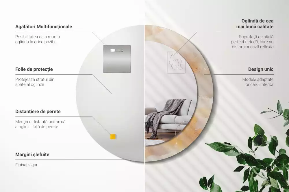 Miroir rond cadre avec impression Onyx marbre