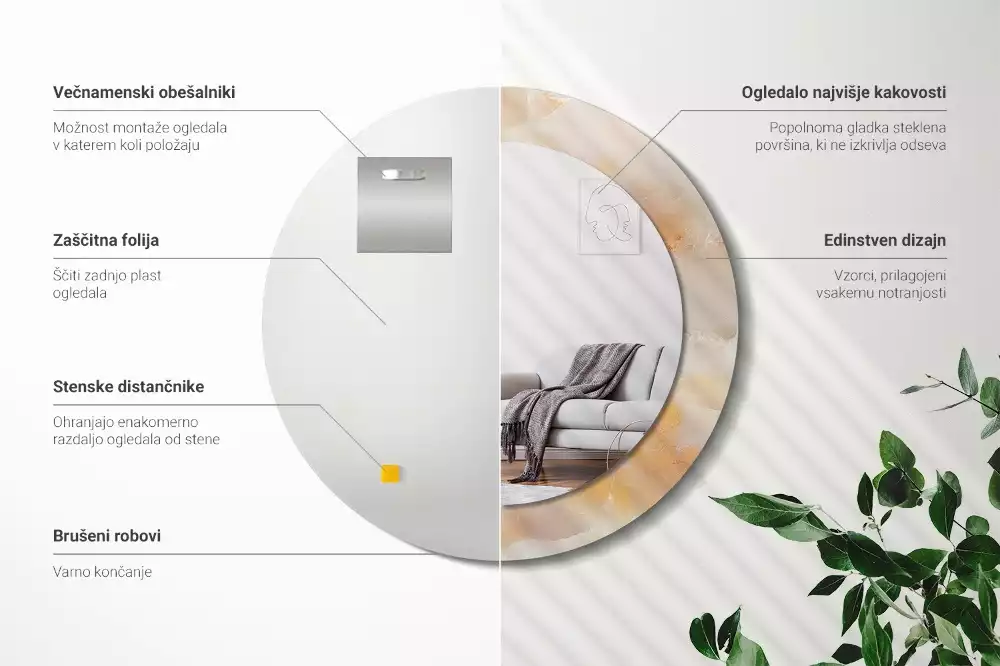 Miroir rond cadre avec impression Onyx marbre