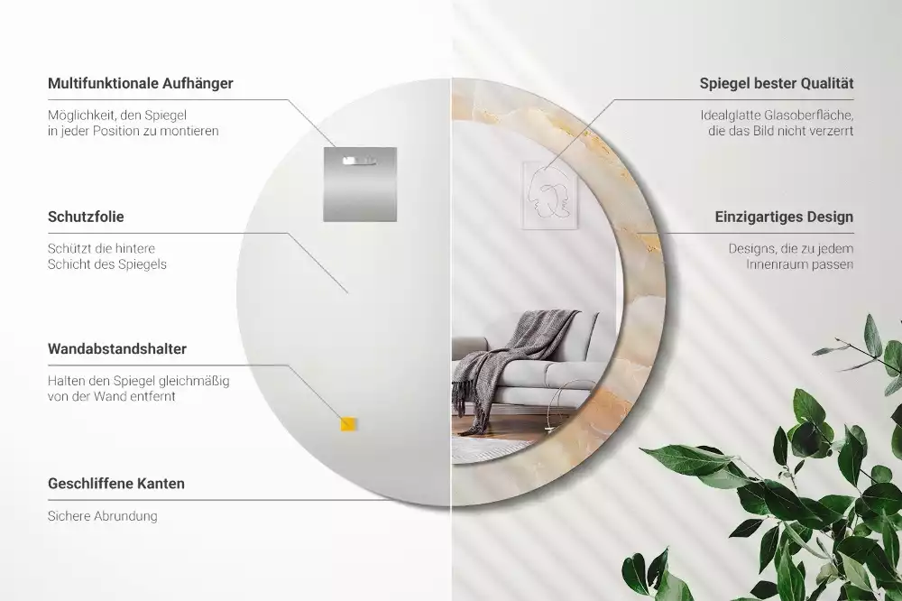 Miroir rond cadre avec impression Onyx marbre