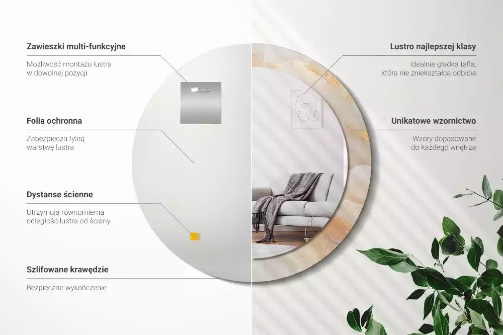 Miroir rond cadre avec impression Onyx marbre