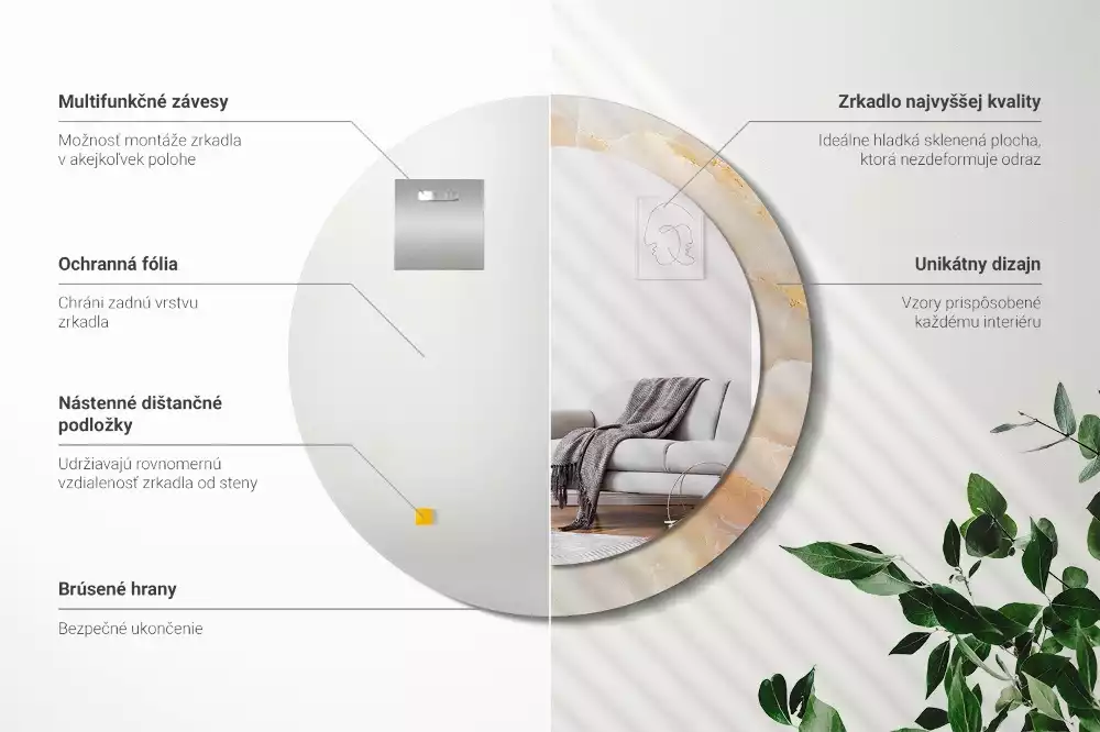 Miroir rond cadre avec impression Onyx marbre