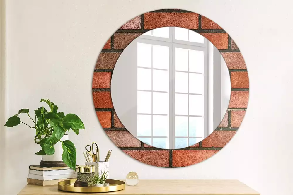 Miroir rond cadre avec impression Brique rouge