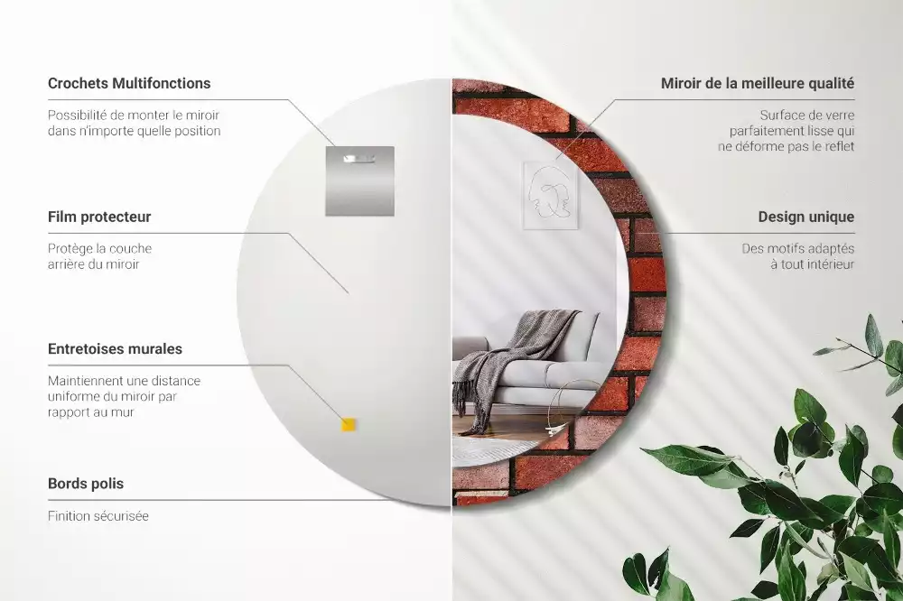 Miroir rond cadre avec impression Brique rouge