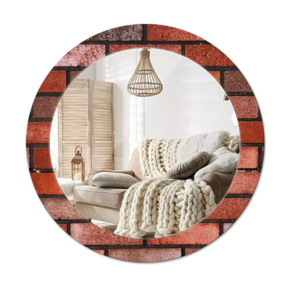 Miroir rond cadre avec impression Brique rouge