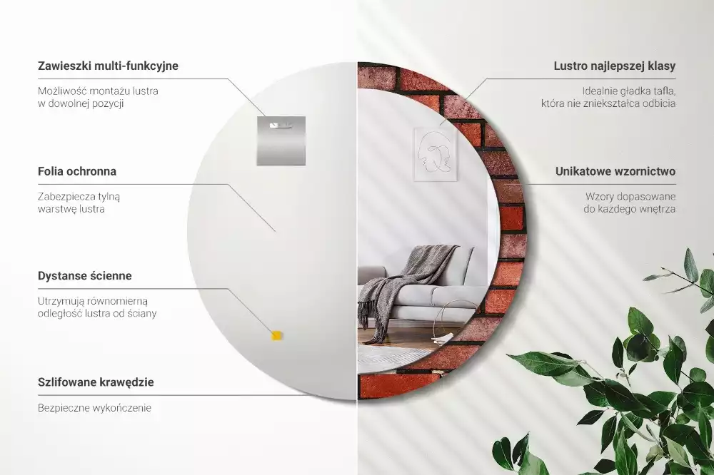 Miroir rond cadre avec impression Brique rouge