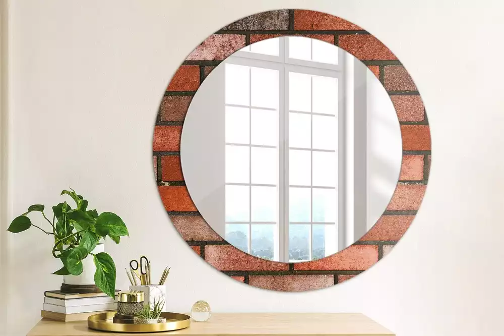 Miroir rond cadre avec impression Brique rouge