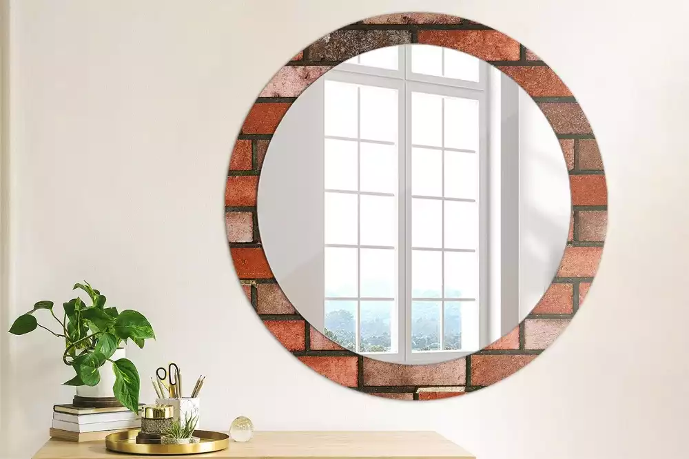 Miroir rond cadre avec impression Brique rouge