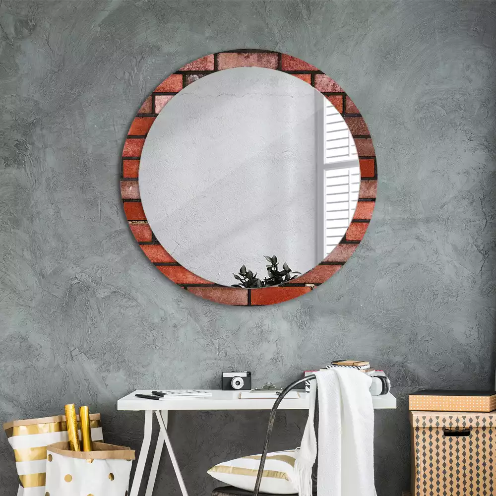 Miroir rond cadre avec impression Brique rouge
