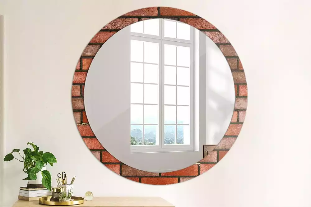 Miroir rond cadre avec impression Brique rouge