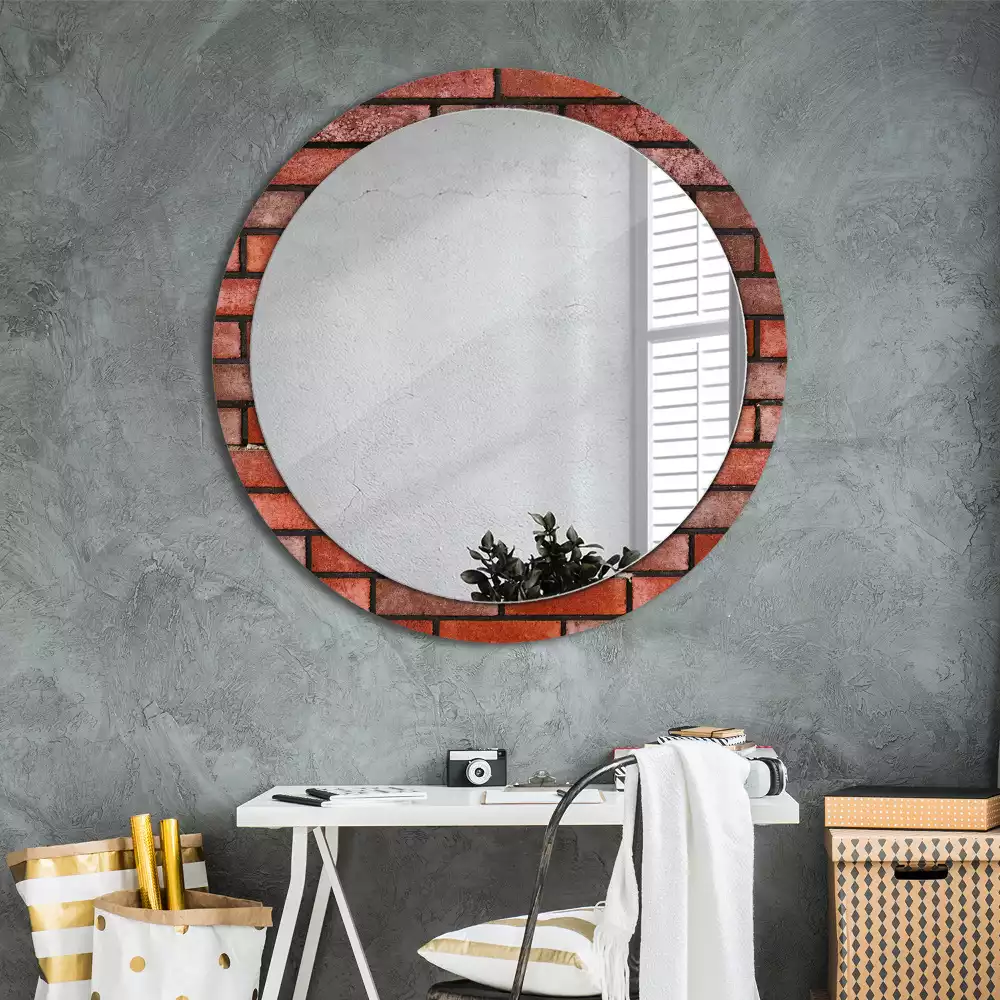 Miroir rond cadre avec impression Brique rouge