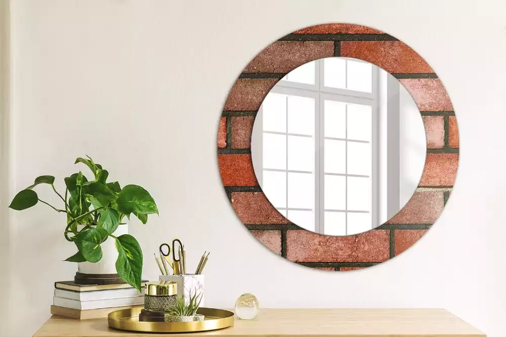 Miroir rond cadre avec impression Brique rouge
