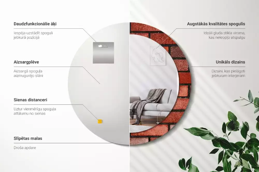 Miroir rond cadre avec impression Brique rouge