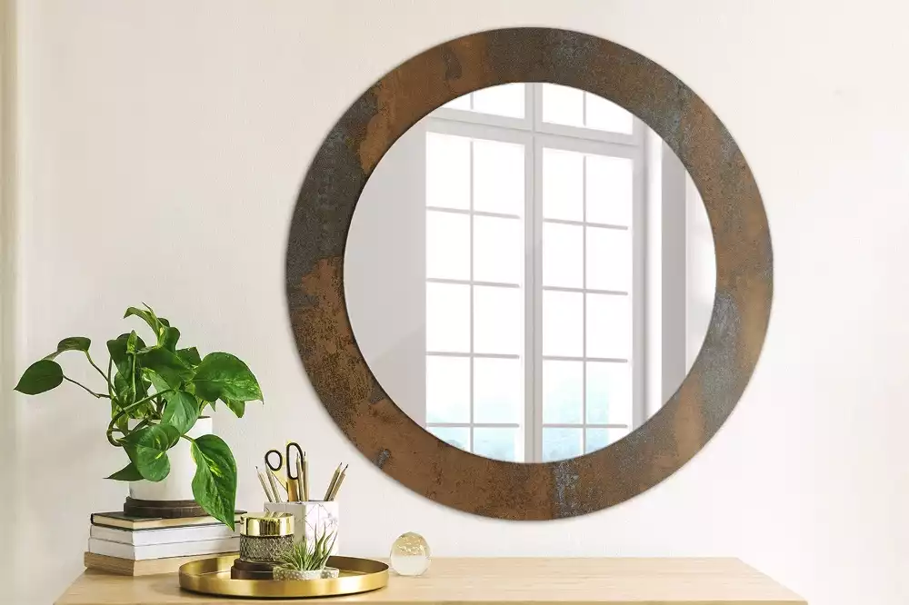 Miroir rond cadre avec impression Métallique rustique