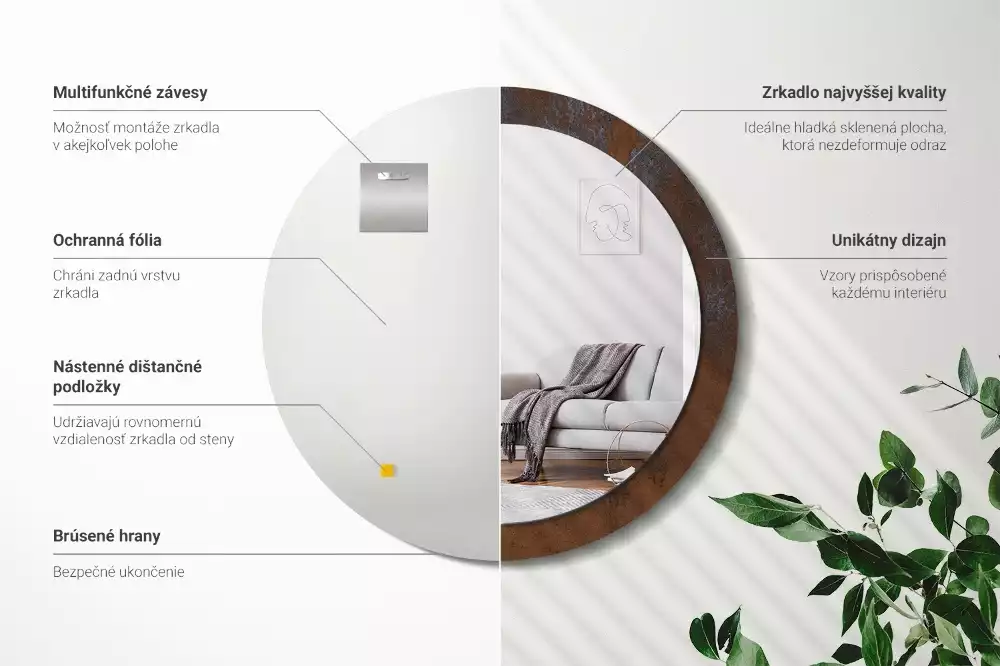 Miroir rond cadre avec impression Métallique rustique