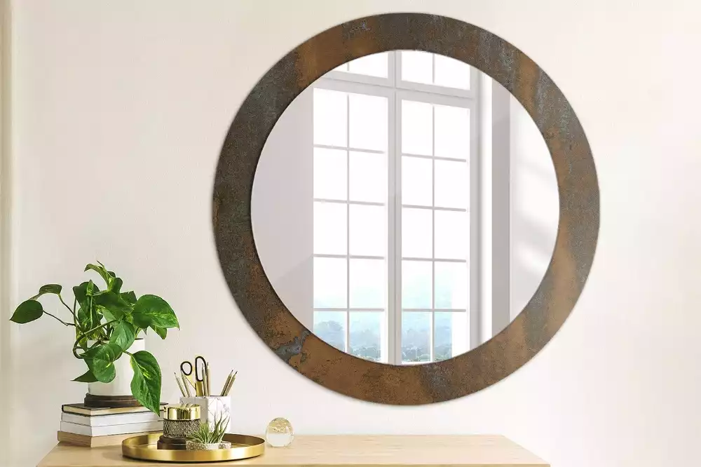 Miroir rond cadre avec impression Métallique rustique