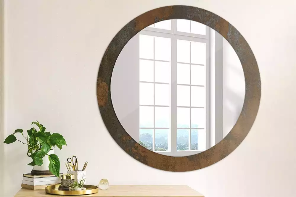 Miroir rond cadre avec impression Métallique rustique