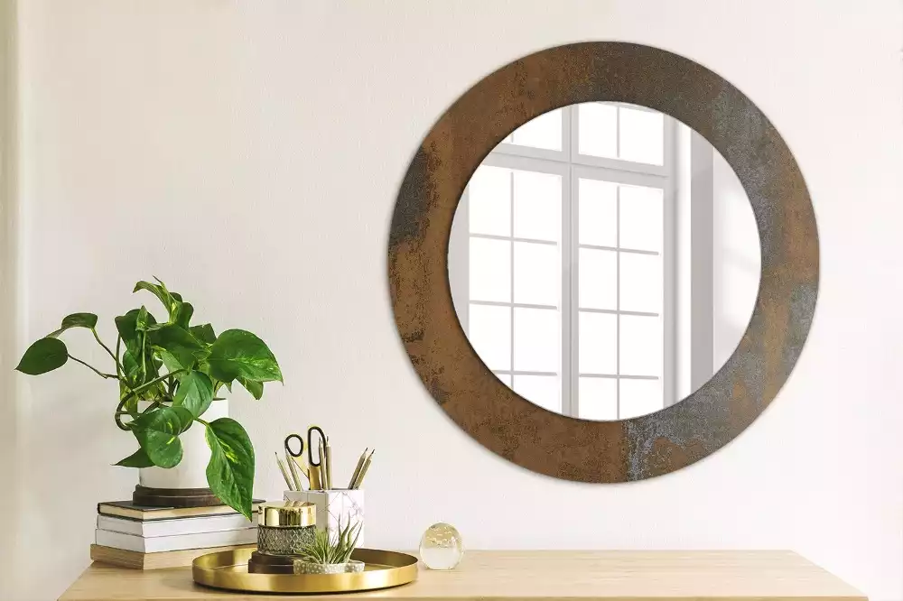 Miroir rond cadre avec impression Métallique rustique