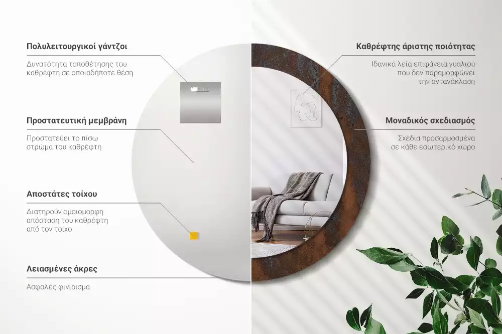 Miroir rond cadre avec impression Métallique rustique