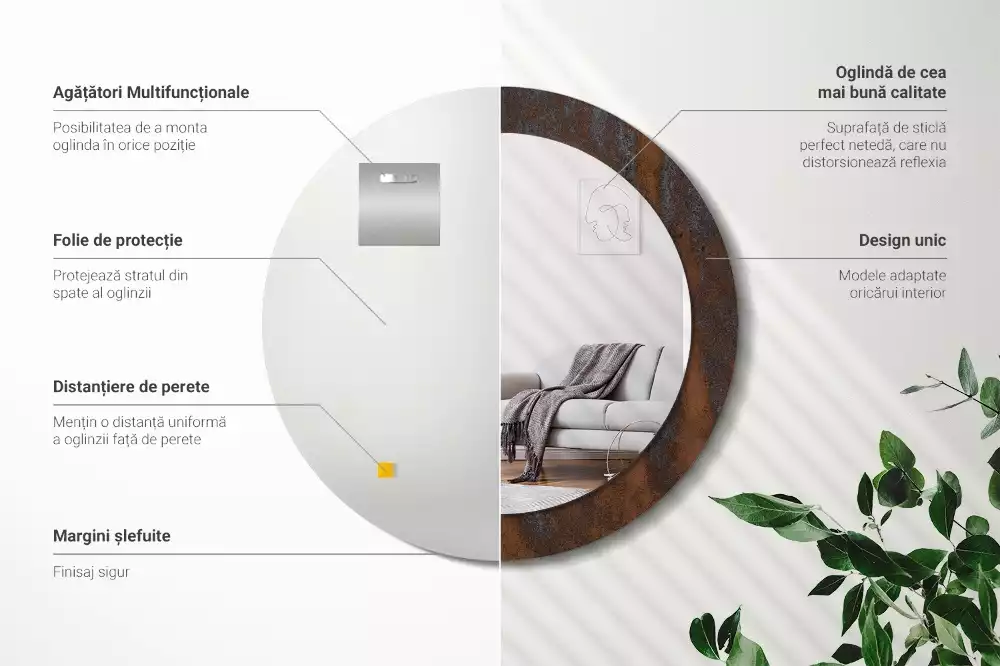 Miroir rond cadre avec impression Métallique rustique