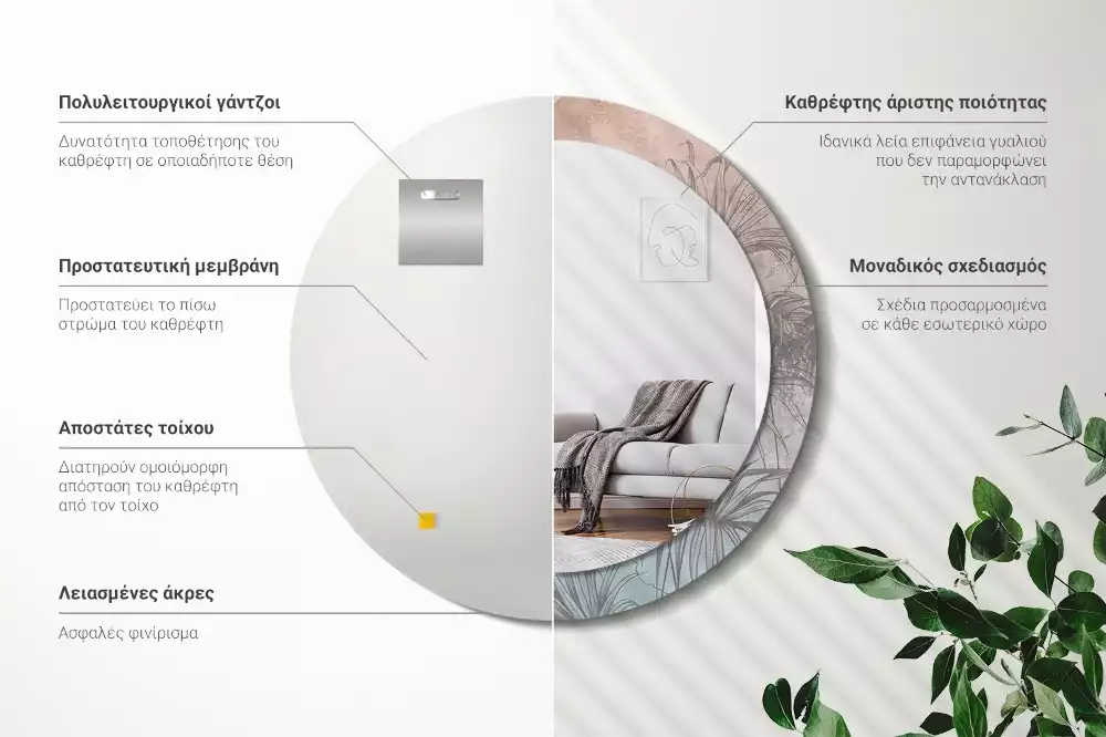 Miroir rond cadre avec impression Fleurs tropicales