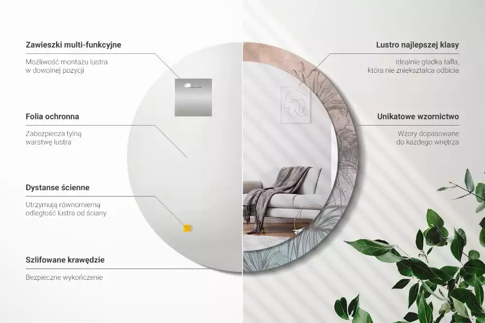 Miroir rond cadre avec impression Fleurs tropicales