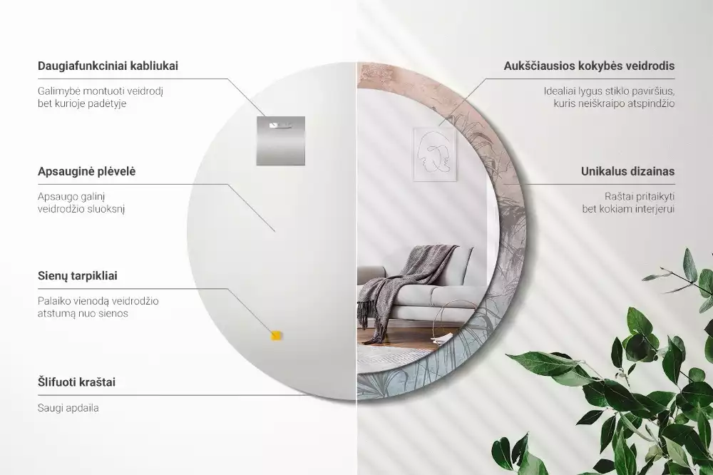 Miroir rond cadre avec impression Fleurs tropicales