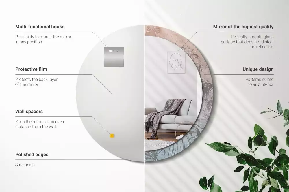 Miroir rond cadre avec impression Fleurs tropicales