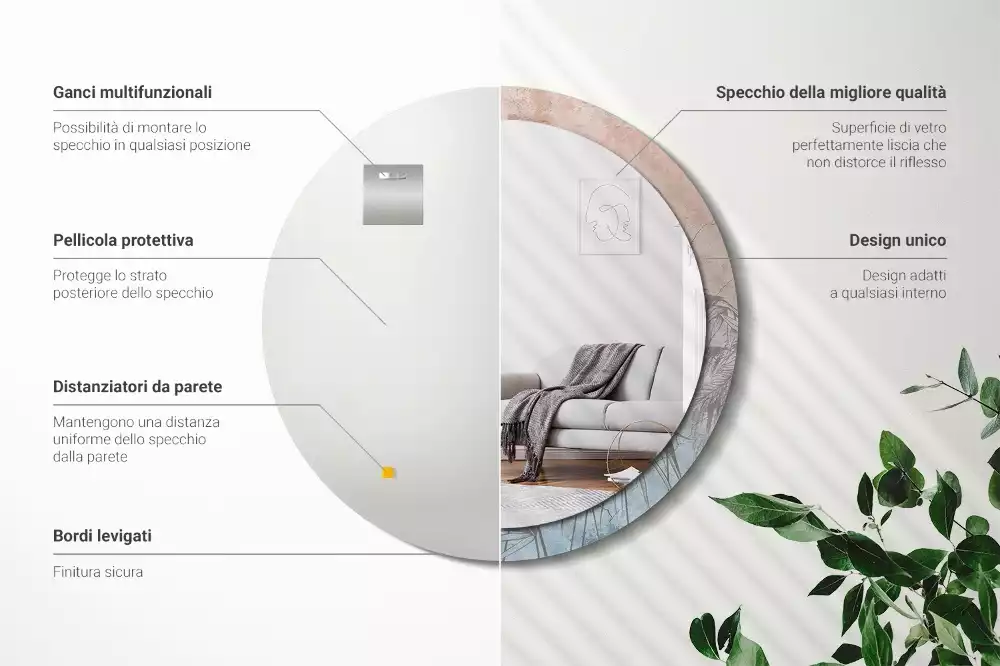 Miroir rond cadre avec impression Fleurs tropicales