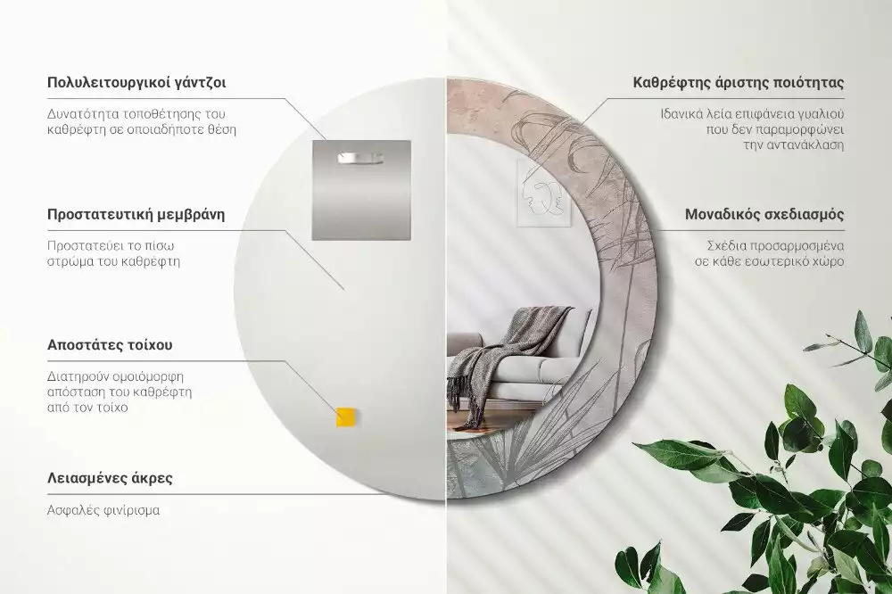 Miroir rond cadre avec impression Fleurs tropicales