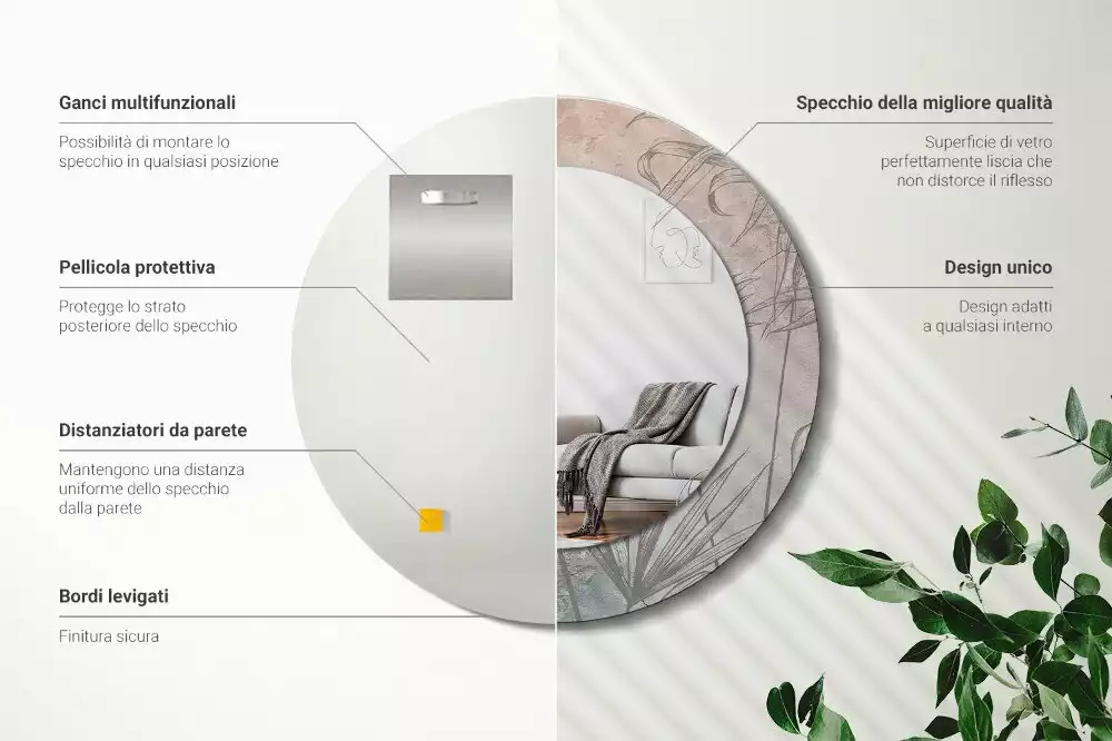 Miroir rond cadre avec impression Fleurs tropicales