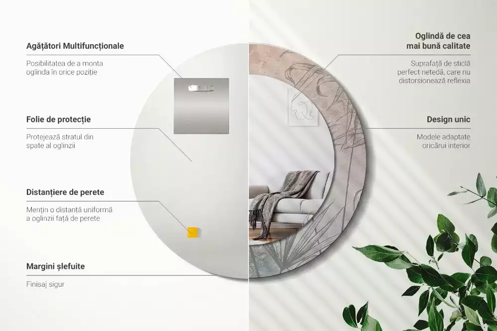 Miroir rond cadre avec impression Fleurs tropicales