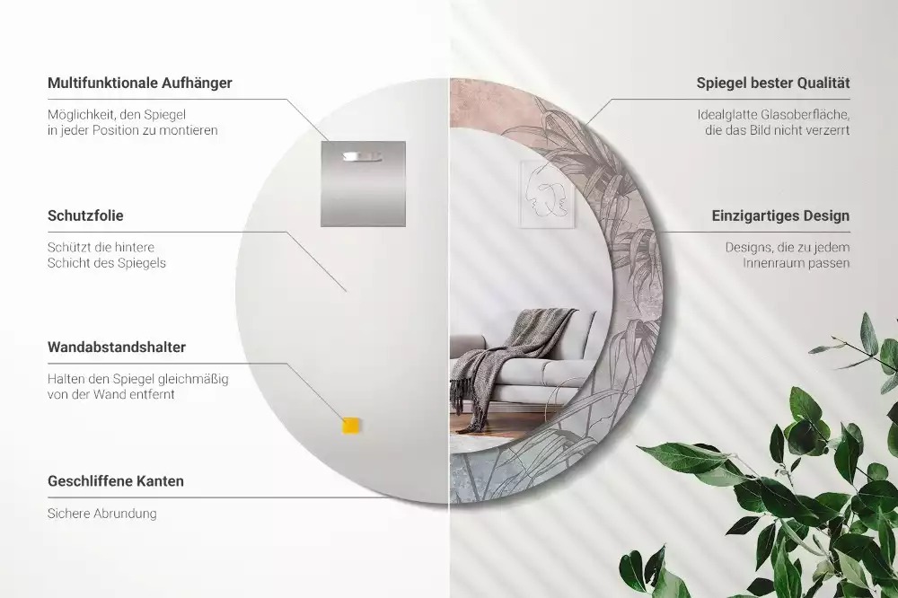 Miroir rond cadre avec impression Fleurs tropicales