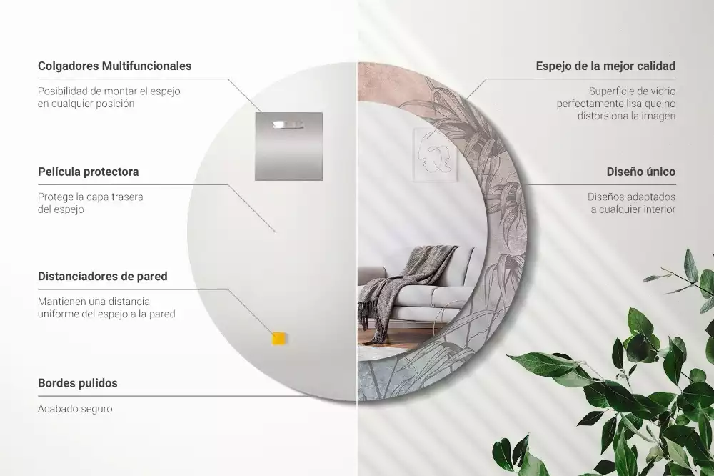 Miroir rond cadre avec impression Fleurs tropicales