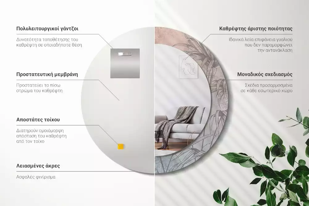 Miroir rond cadre avec impression Fleurs tropicales